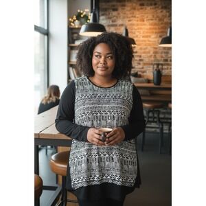 Hannah Black Tunic Top Tribal Print Long Sleeve Layered Womens Plus Size 2X Chic